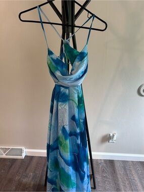 Hello Molly Blue & Green Watercolor Cowl Maxi Dress